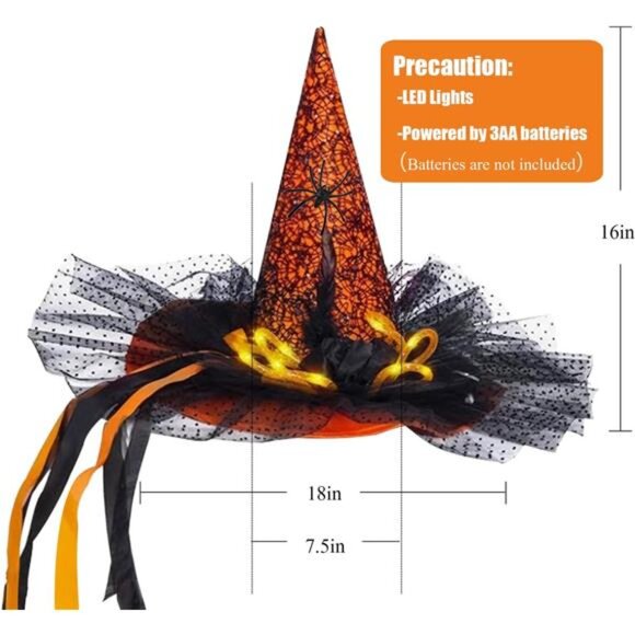 Women's Halloween Witch Hat with LED Lights, Black Yellow - Picture 5 of 7